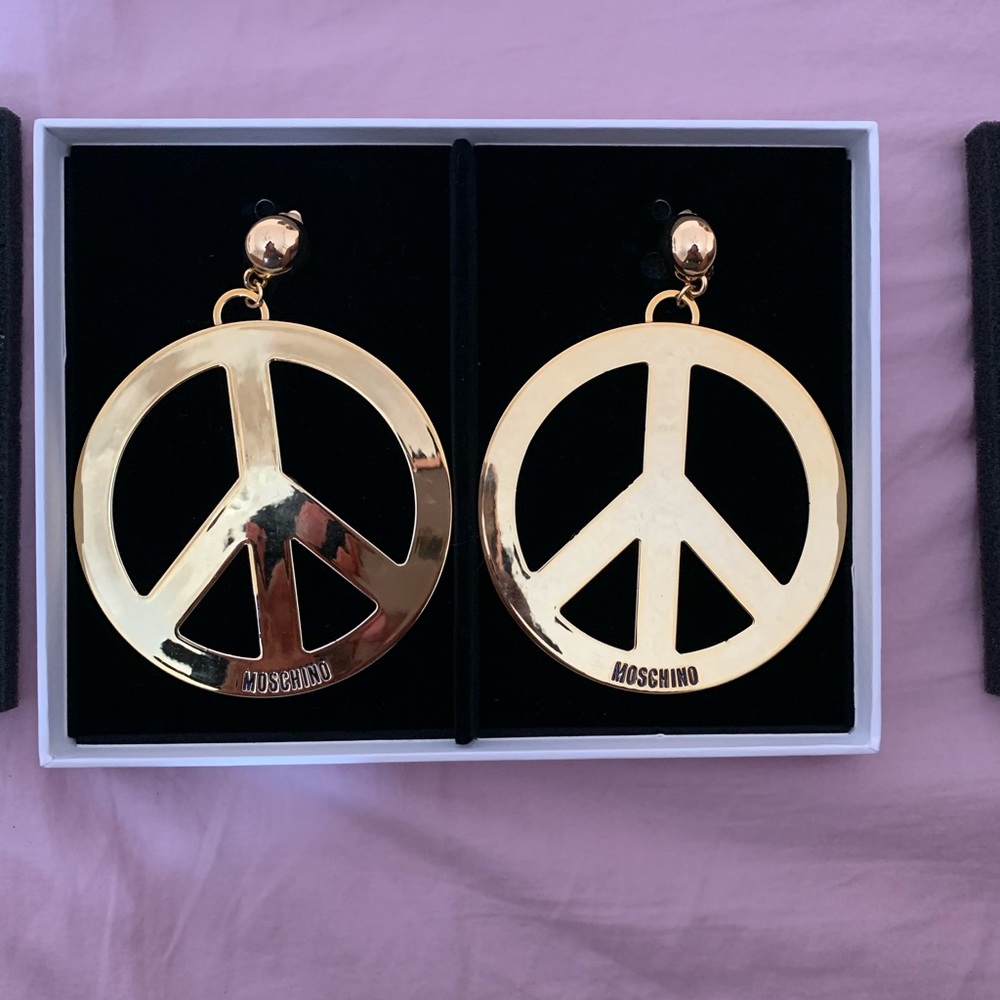 H&M Moschino peace sign oversized gold earrings.